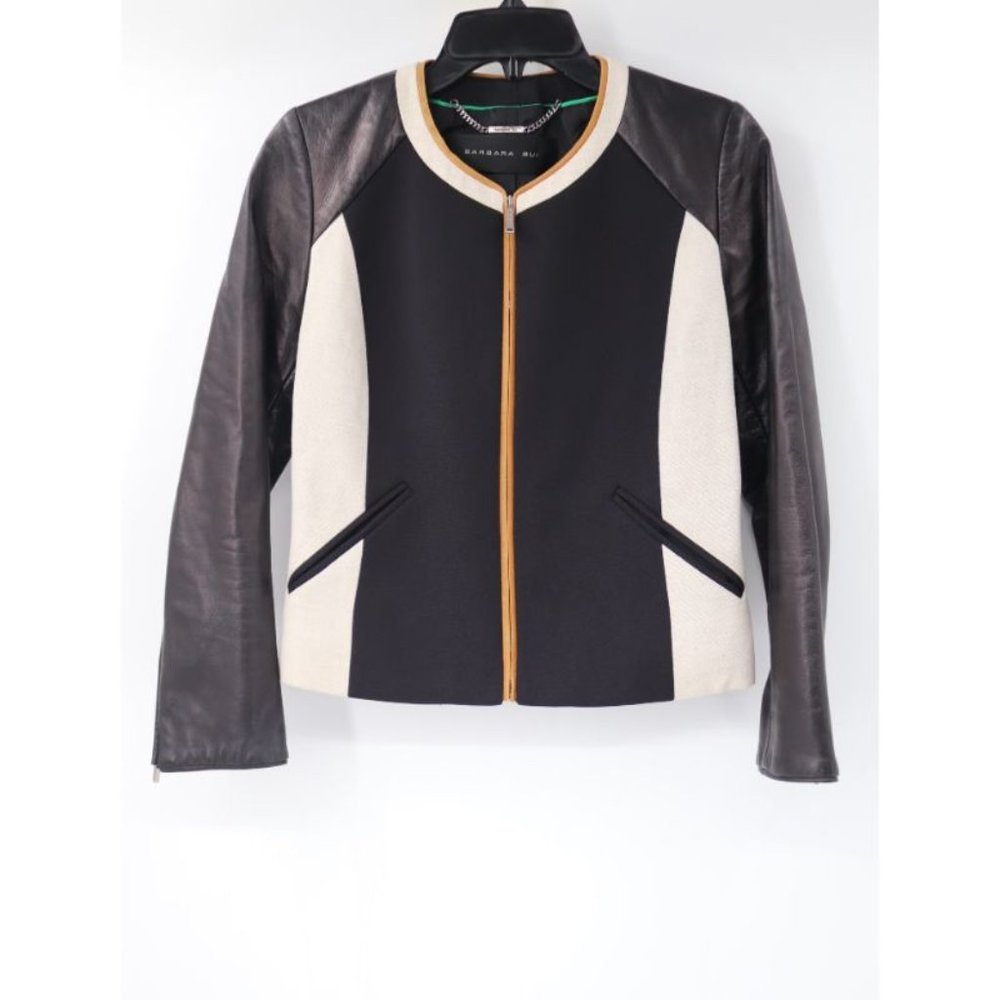 Barbara bui jacket Womens XS 36 full zip lamb leather sleeves nylon blend pocket
